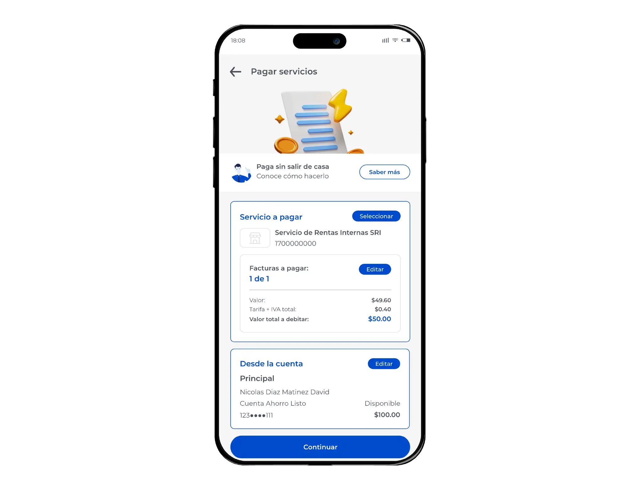 Pantalla de pago de servicios en BGR Digital