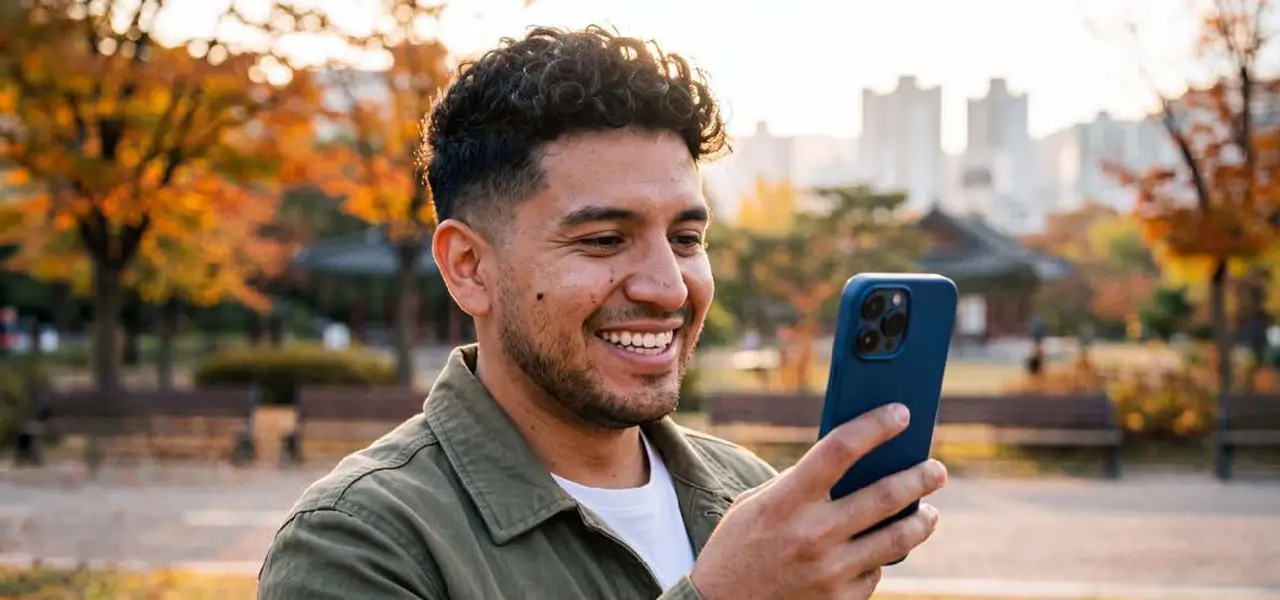 Persona usando un teléfono sonriendo